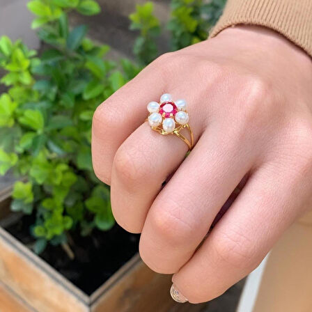 14 Ayar Altın Inci Papatya Yüzük