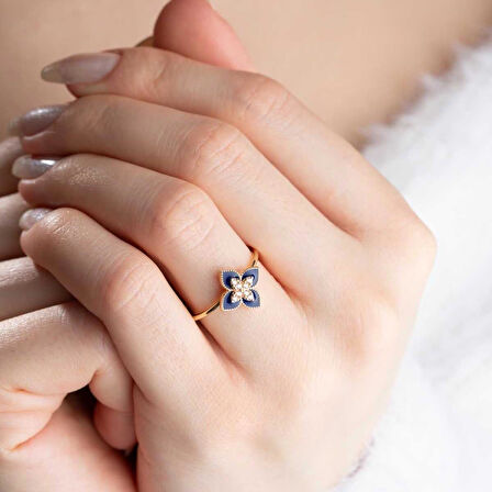 14 Ayar Altın Lacivert Lotus Yüzük