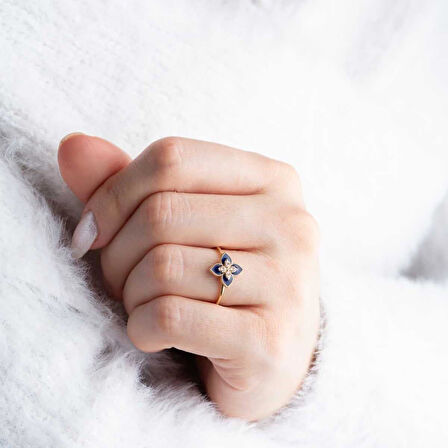 14 Ayar Altın Lacivert Lotus Yüzük