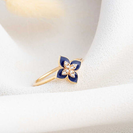 14 Ayar Altın Lacivert Lotus Yüzük