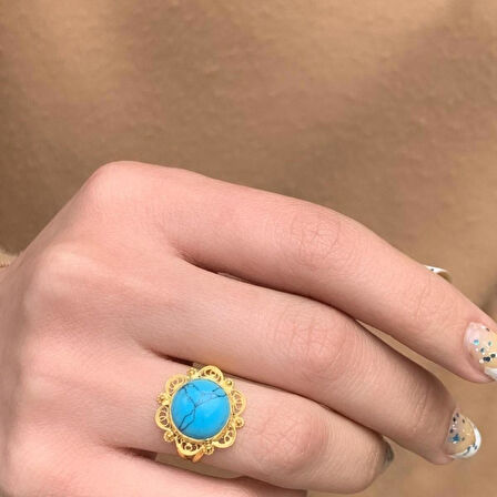 14 Ayar Altın Oval Firuze Telkari Yüzük