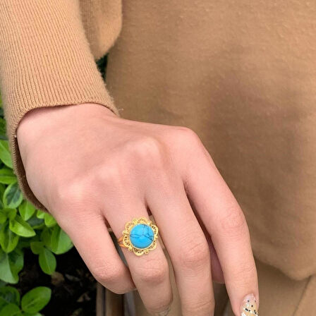 14 Ayar Altın Oval Firuze Telkari Yüzük