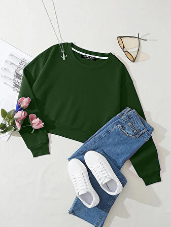Kadın Basic Crop İçi Polarlı Oversize Sweatshirt - YEŞİL