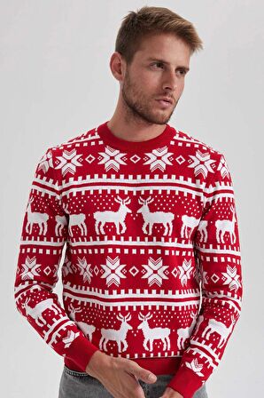 DeFacto Standart Fit Yılbaşı Temalı Bisiklet Yaka Triko Kazak B2356AX23WNRD292