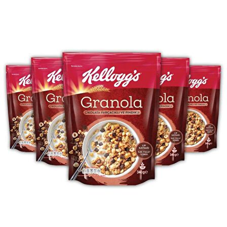 Kellogg's Granola Çikolata Parçacıklı ve Fındıklı 340 Gr x 5 Adet, %44 Yulaf, Lif Kaynağı, Kahvaltılık Gevrek