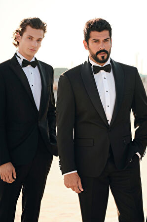 Erkek Siyah Slim Fit Dar Kesim Kırlangıç Yaka Desenli Klasik Smokin Takım