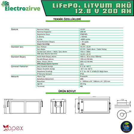 ELECTROZİRVE APEX 12.8V 100 AH LİFEPO4 LİTYUM DEMİR FOSFAT AKÜ - 12.8 VOLT 100 AMPER