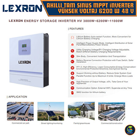 Lexron Akıllı Tam Sınus MPPT Yüksek Voltaj 6200 Watt 48 Volt İnverter - 6.2kw 48v - Paralellenebilir