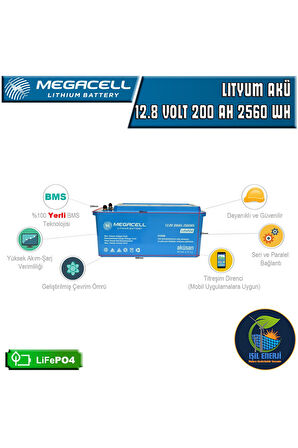 MEGACEL 12.8 VOLT 200 AMPER LİTYUM AKÜ ABS KASA - 12.8 V 200 AH LIFEPO4 2560 WH