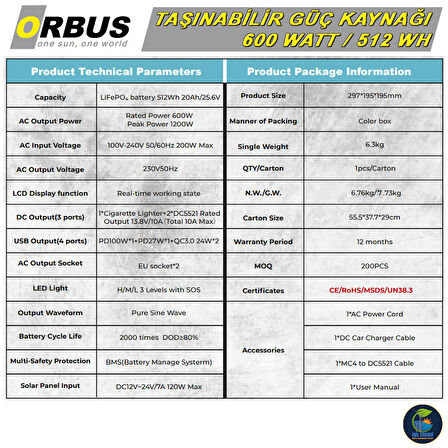 ORBUS 600W Power Station - 600 Watt Taşınabilir Güç Kaynağı 