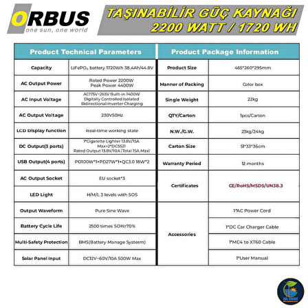 ORBUS 2200W Power Station - 2200 Watt Taşınabilir Güç Kaynağı - 2.2 kW