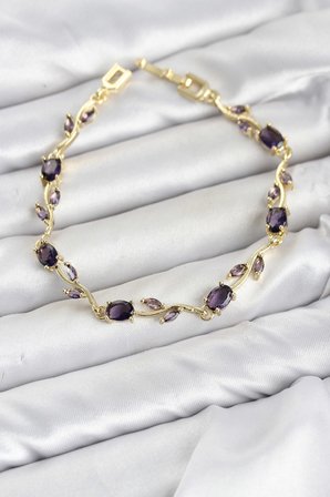 Pirinç Gold Renk Mor Zirkon Taşlı Çiçek Model Kadın Bileklik