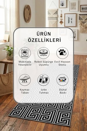 Yıkanabilir Kaymaz Sahra Açık Gri Siyah Dijital Baskılı Yolluk Halı Tüy Tutmaz