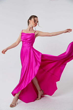 Kadın Fuşya Volanlı Yırtmaçlı Saten Abiye & Mezuniyet Elbisesi