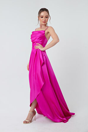 Kadın Fuşya Volanlı Yırtmaçlı Saten Abiye & Mezuniyet Elbisesi