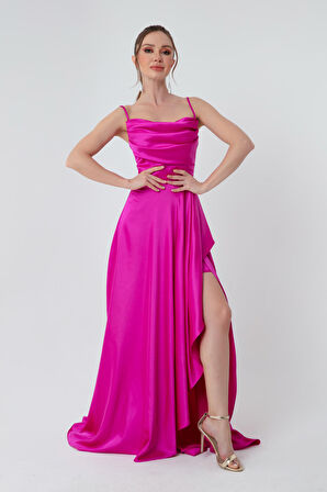 Kadın Fuşya Volanlı Yırtmaçlı Saten Abiye & Mezuniyet Elbisesi