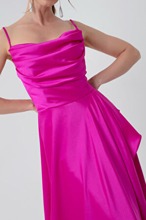 Kadın Fuşya Volanlı Yırtmaçlı Saten Abiye & Mezuniyet Elbisesi