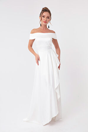 Kadın Beyaz Kayık Yaka Saten Abiye & Mezuniyet Elbisesi