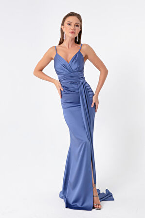 Kadın İndigo Askılı Uzun Saten Abiye Elbise & Mezuniyet Elbisesi