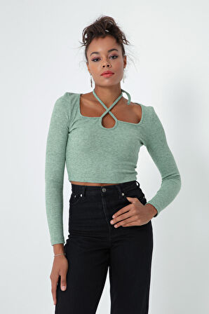 Kadın Yeşil Uzun Kollu Örme Crop