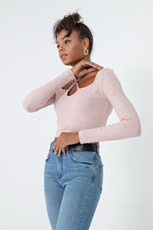 Kadın Pudra Uzun Kollu Örme Crop