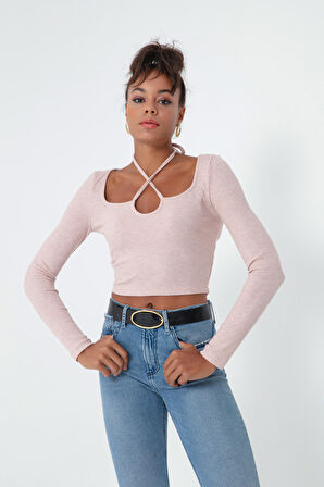 Kadın Pudra Uzun Kollu Örme Crop