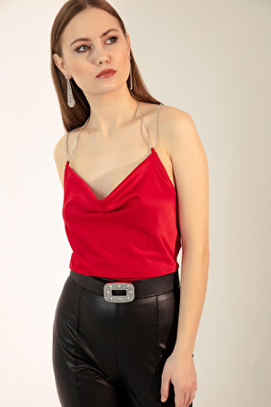Kadın Kırmızı Drape Detaylı Taşlı Saten Bluz