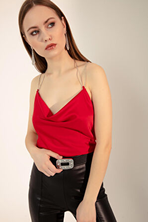 Kadın Kırmızı Drape Detaylı Taşlı Saten Bluz