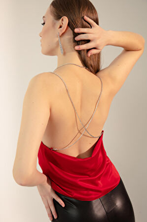 Kadın Kırmızı Drape Detaylı Taşlı Saten Bluz