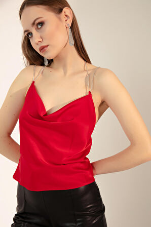 Kadın Kırmızı Drape Detaylı Taşlı Saten Bluz