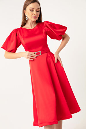 Kadın Kırmızı Balon Kollu Taşlı Kemerli Mini Saten Abiye Elbise