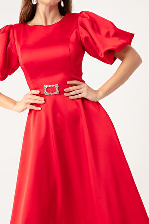 Kadın Kırmızı Balon Kollu Taşlı Kemerli Mini Saten Abiye Elbise