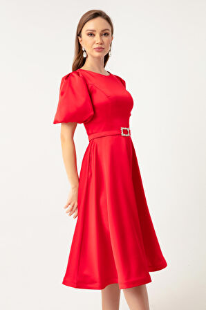 Kadın Kırmızı Balon Kollu Taşlı Kemerli Mini Saten Abiye Elbise