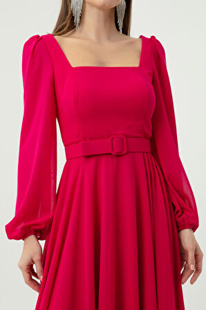 Kadın Fuşya Kare Yaka Kemerli Midi Şifon Abiye Elbise