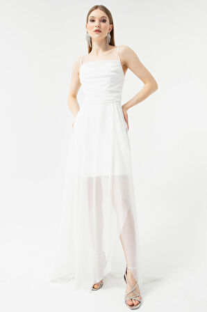 Kadın Beyaz Göğüs Drapeli Volanlı Simli Abiye