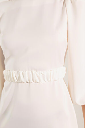 Kadın Ekru Balon Kol Mini Nişan Elbisesi