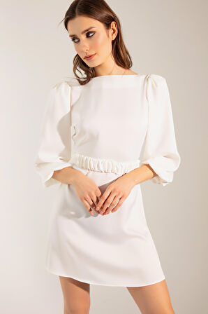 Kadın Ekru Balon Kol Mini Nişan Elbisesi