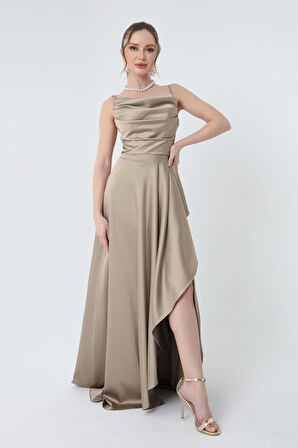 Kadın Vizon Volanlı Yırtmaçlı Saten Abiye & Mezuniyet Elbisesi