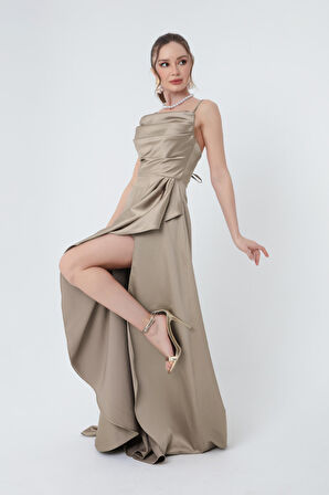 Kadın Vizon Volanlı Yırtmaçlı Saten Abiye & Mezuniyet Elbisesi