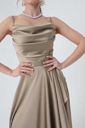 Kadın Vizon Volanlı Yırtmaçlı Saten Abiye & Mezuniyet Elbisesi