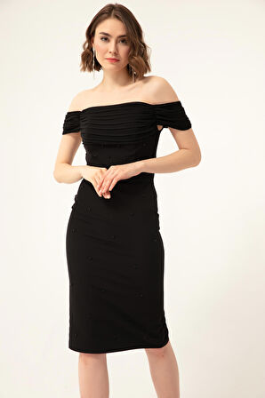 Kadın Siyah Kayık Yaka İncili Midi Abiye