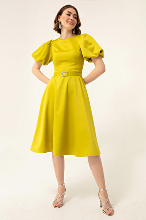 Kadın Fıstık Yeşili  Balon Kollu Taşlı Kemerli Mini Saten Abiye Elbise