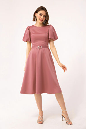 Kadın Somon Balon Kollu Taşlı Kemerli Mini Saten Abiye Elbise