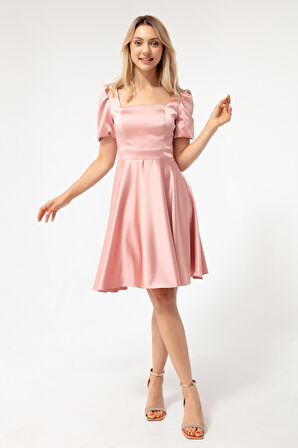 Kadın Pudra Balon Kol Kloş Kesim Midi Saten Abiye Elbise