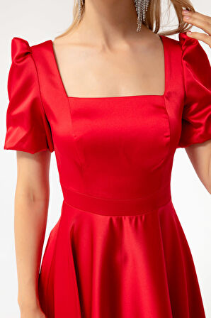 Kadın Kırmızı Balon Kol Kloş Kesim Midi Saten Abiye Elbise