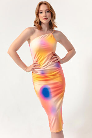 Kadın Turuncu Batik Desen Tek Kollu Elbise