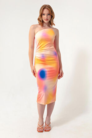 Kadın Turuncu Batik Desen Tek Kollu Elbise