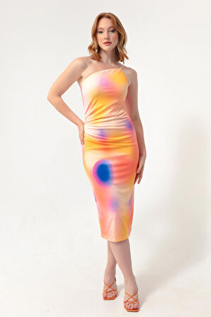 Kadın Turuncu Batik Desen Tek Kollu Elbise