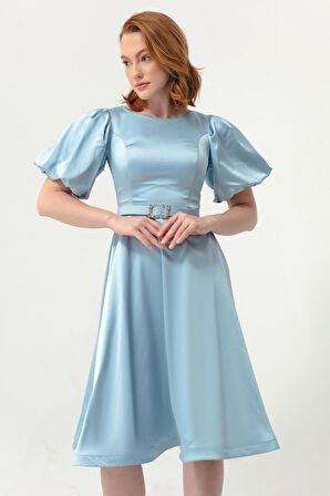 Kadın Bebe Mavi Balon Kollu Taşlı Kemerli Mini Saten Abiye Elbise