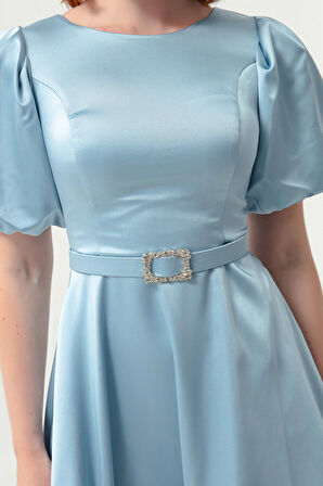 Kadın Bebe Mavi Balon Kollu Taşlı Kemerli Mini Saten Abiye Elbise